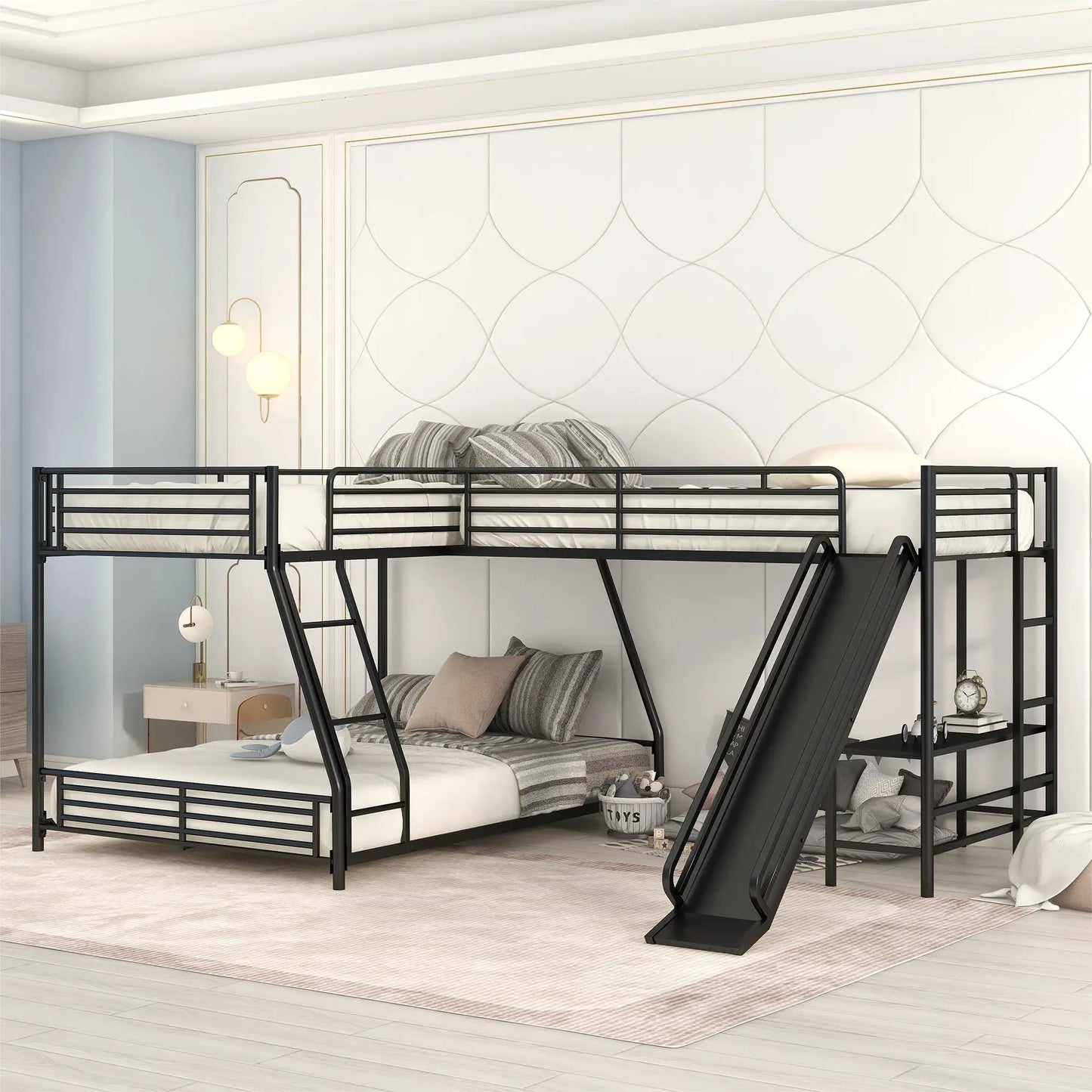 Black L-shaped bunk bed with twin loft over full bottom, integrated slide and metal frame on Tampa Home & Garden Store