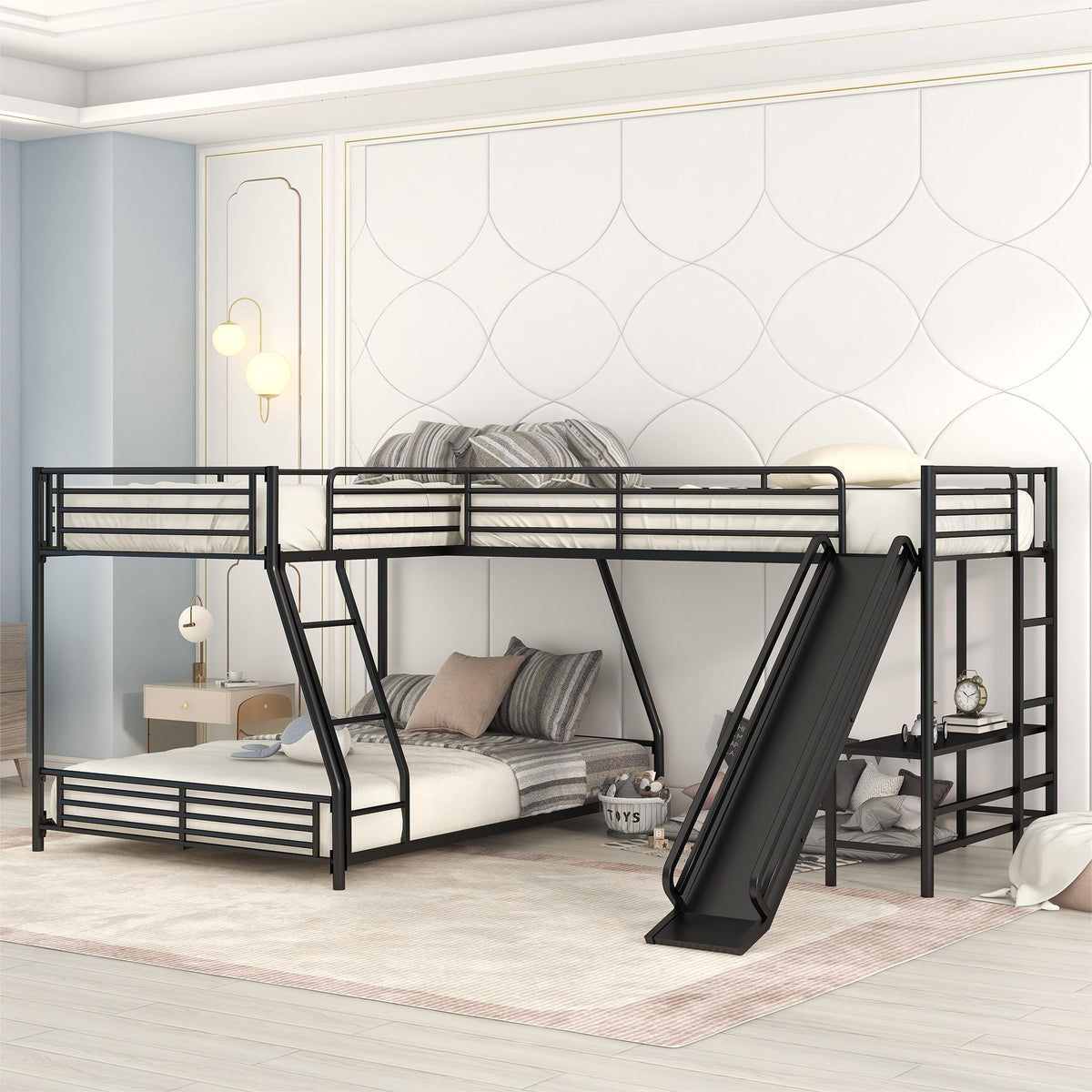 HouseOfZazla black L-shaped bunk bed with twin loft over full bed, built-in desk and slide on Tampa Home & Garden Store