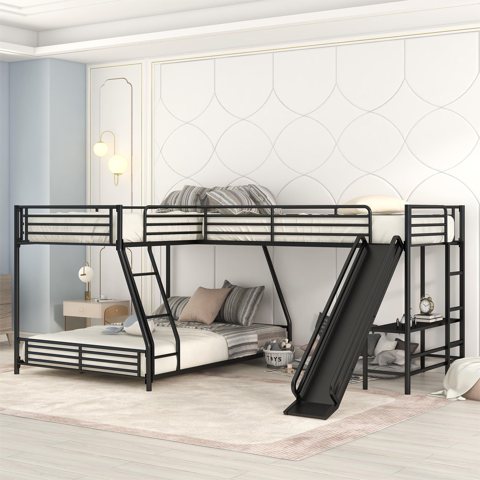 HouseOfZazla black L-shaped bunk bed with twin loft over full bed, built-in desk and slide on Tampa Home & Garden Store