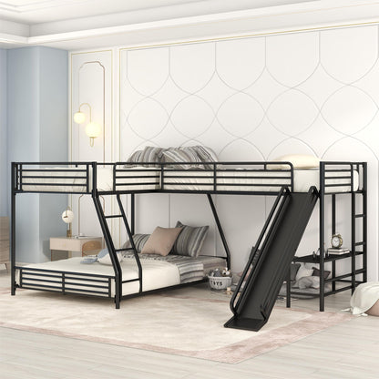 HouseOfZazla black L-shaped bunk bed with twin loft over full bed, built-in desk and slide on Tampa Home & Garden Store