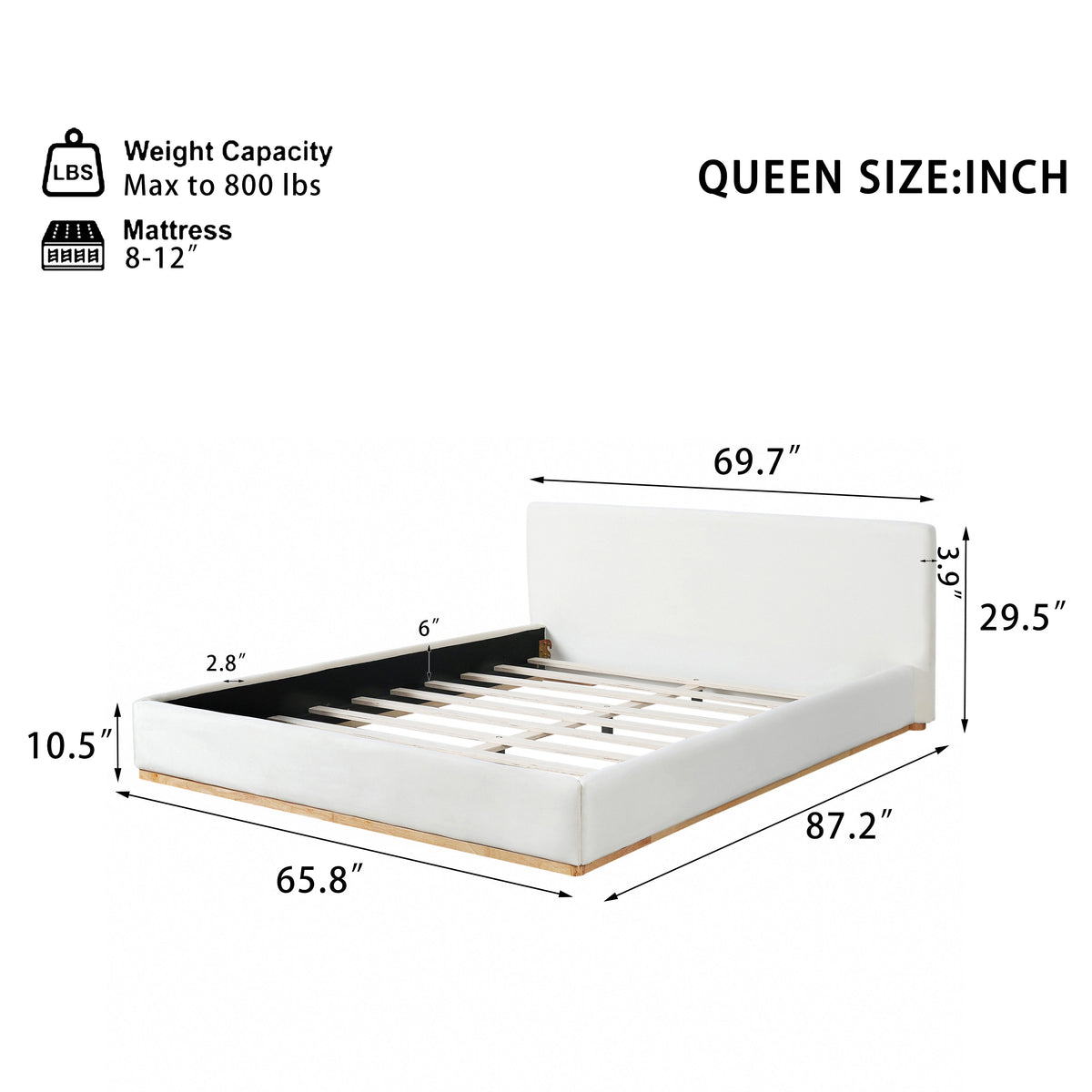 Elegant upholstered bed with solid wood frame, queen size, white, HouseOfZazla on Tampa Home & Garden Store