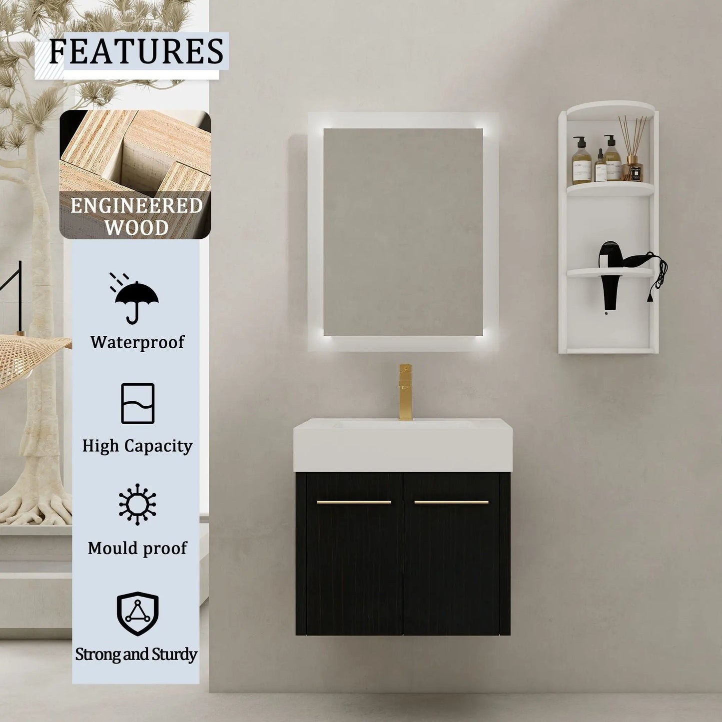 Modern Wall Mounted Vanity Resin Sink and Rack