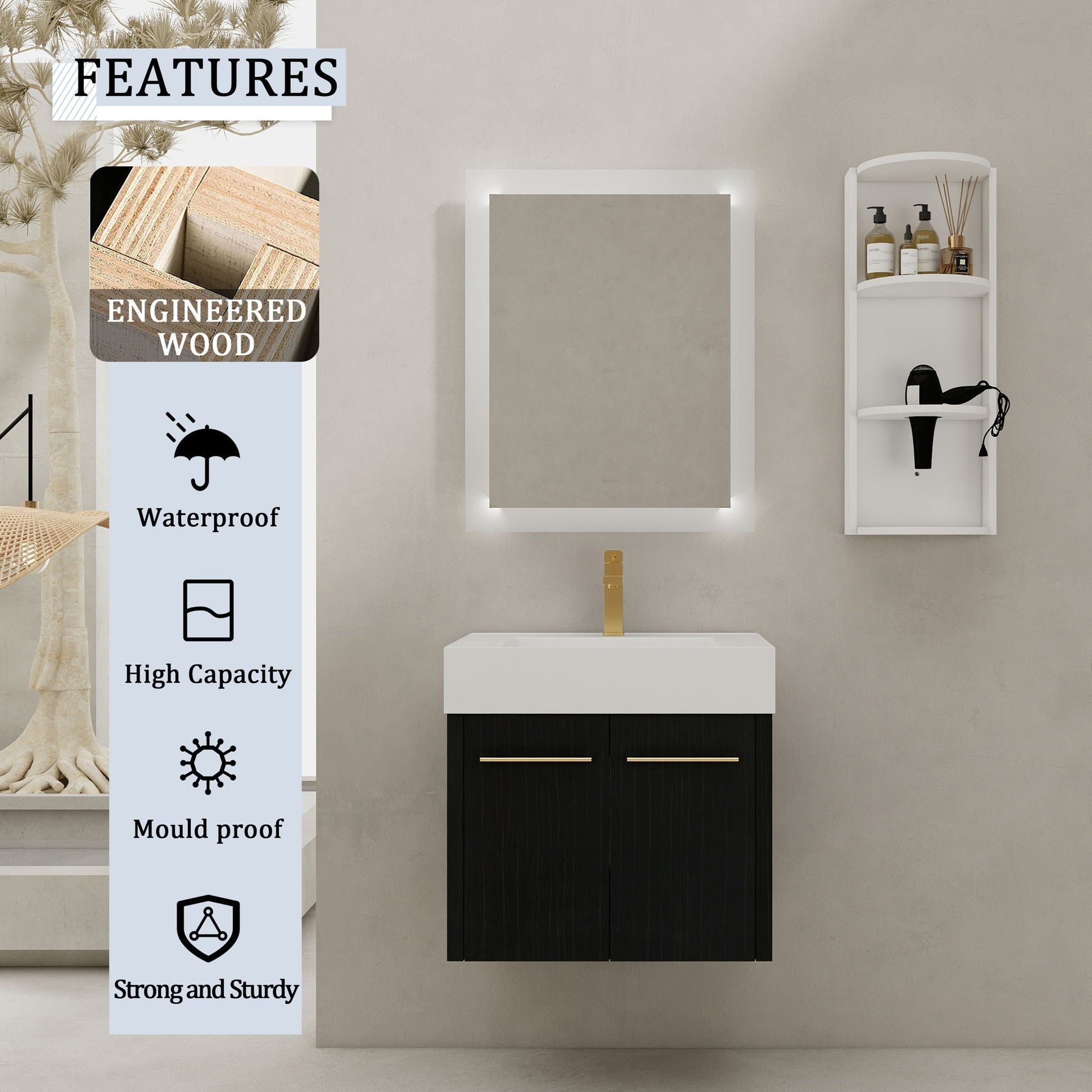 Modern Wall Mounted Bathroom Vanity with Resin Sink and Storage Rack by HouseOfZazla white top on Tampa Home & Garden Store