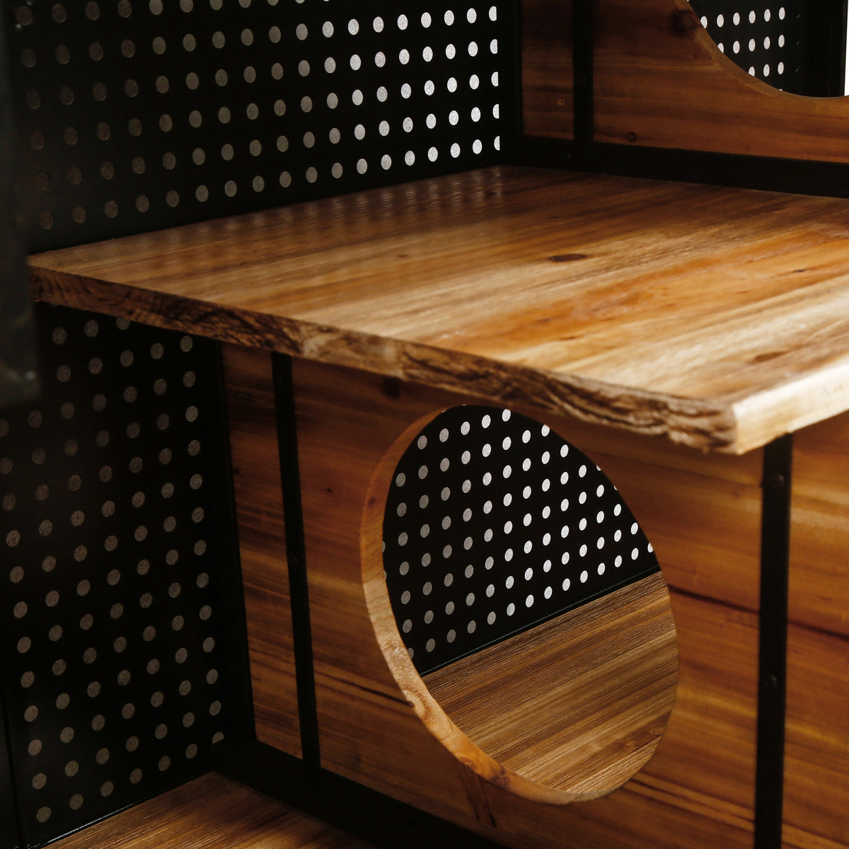Modern spacious cat house in black and brown wood with curved shelves and perforated panels on Tampa Home & Garden Store