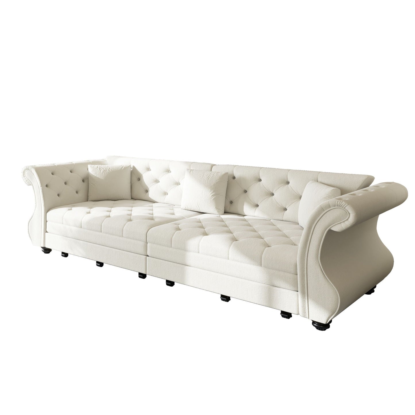 Oversized Chesterfield pull-out sofa bed in cream tufted fabric with roll arms and flower tufting on Tampa Home & Garden Store