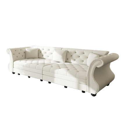 Oversized Chesterfield pull-out sofa bed in cream tufted fabric with roll arms and flower tufting on Tampa Home & Garden Store