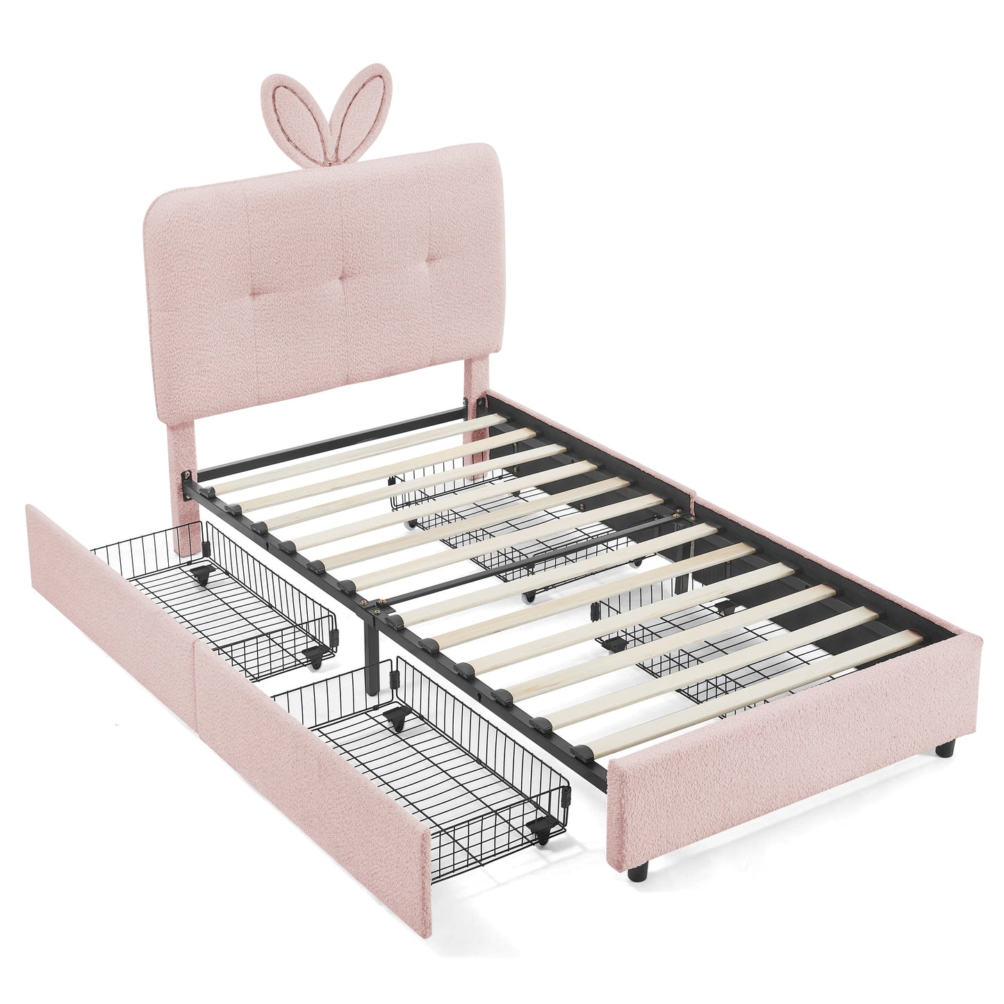 Twin size kids upholstered bed with bunny ear headboard in blush pink and under-bed baskets on Tampa Home & Garden Store