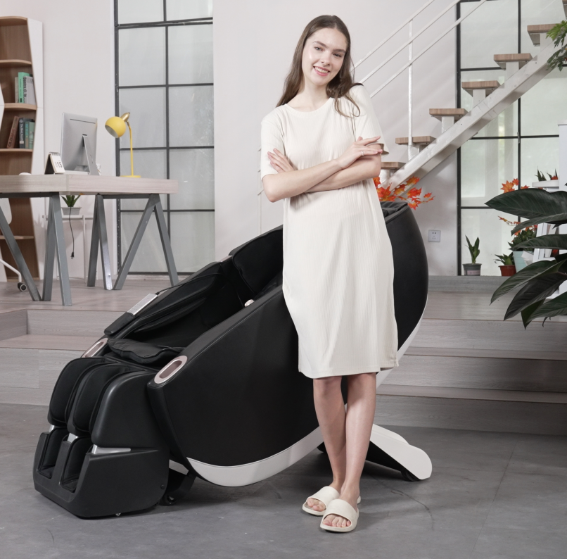 Zero Gravity Multifunction Massage Chair black upholstery with white base in a modern office on Tampa Home & Garden Store