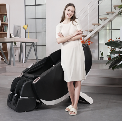 Zero Gravity Multifunction Massage Chair black upholstery with white base in a modern office on Tampa Home & Garden Store