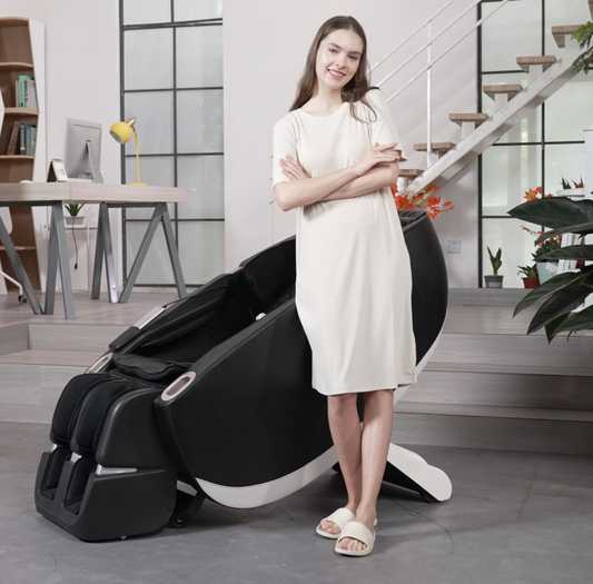 Zero Gravity Multifunction Massage Chair black upholstery with white base in a modern office on Tampa Home & Garden Store