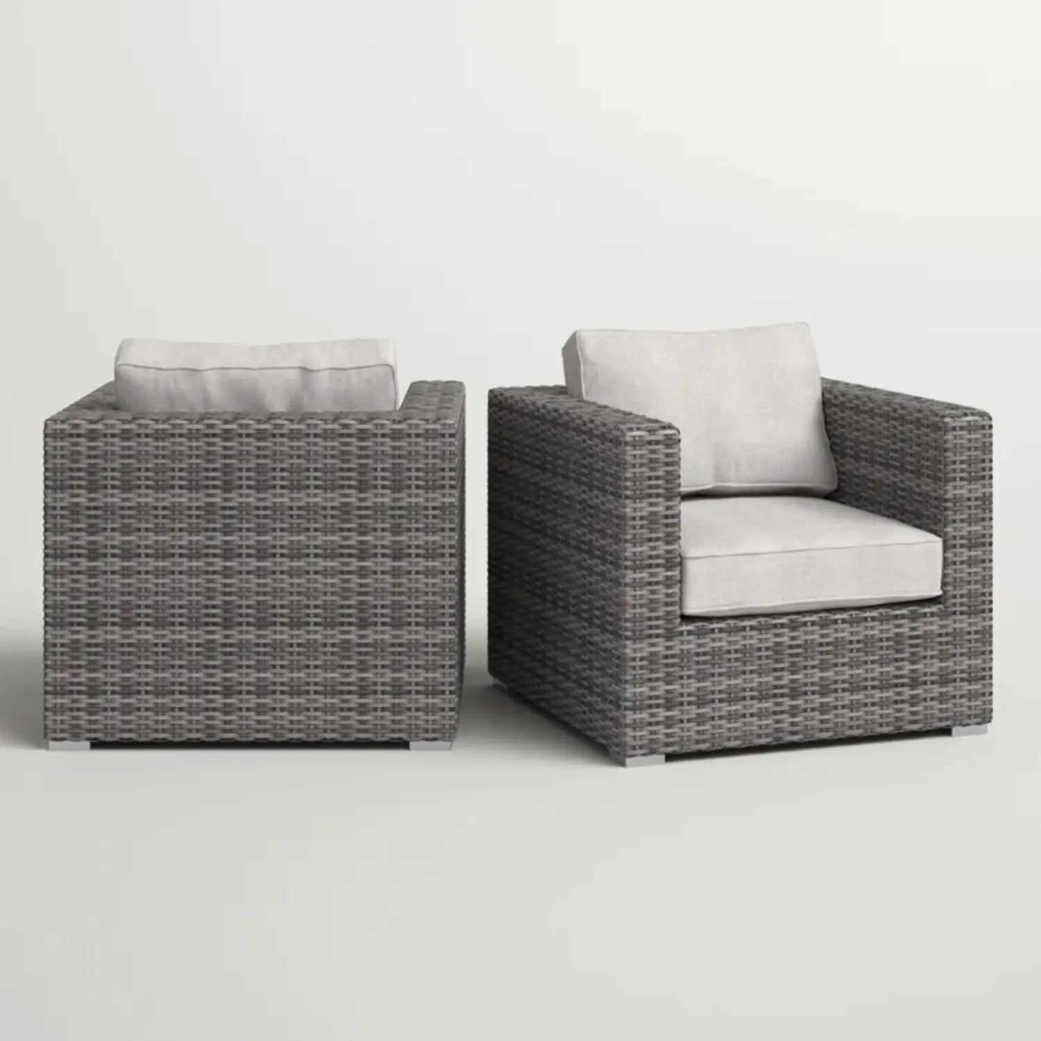 Patio arm chairs set (2) in gray woven rattan with light gray cushions by Unique Piece Furniture on Tampa Home & Garden Store