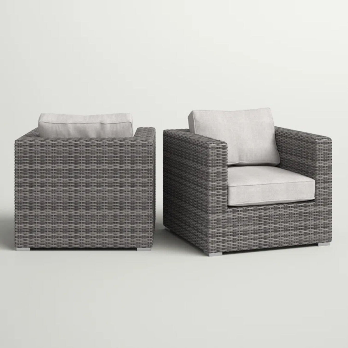 2 Patio Chairs with Cushions in dark brown wicker and light gray cushions HouseOfZazla on Tampa Home & Garden Store