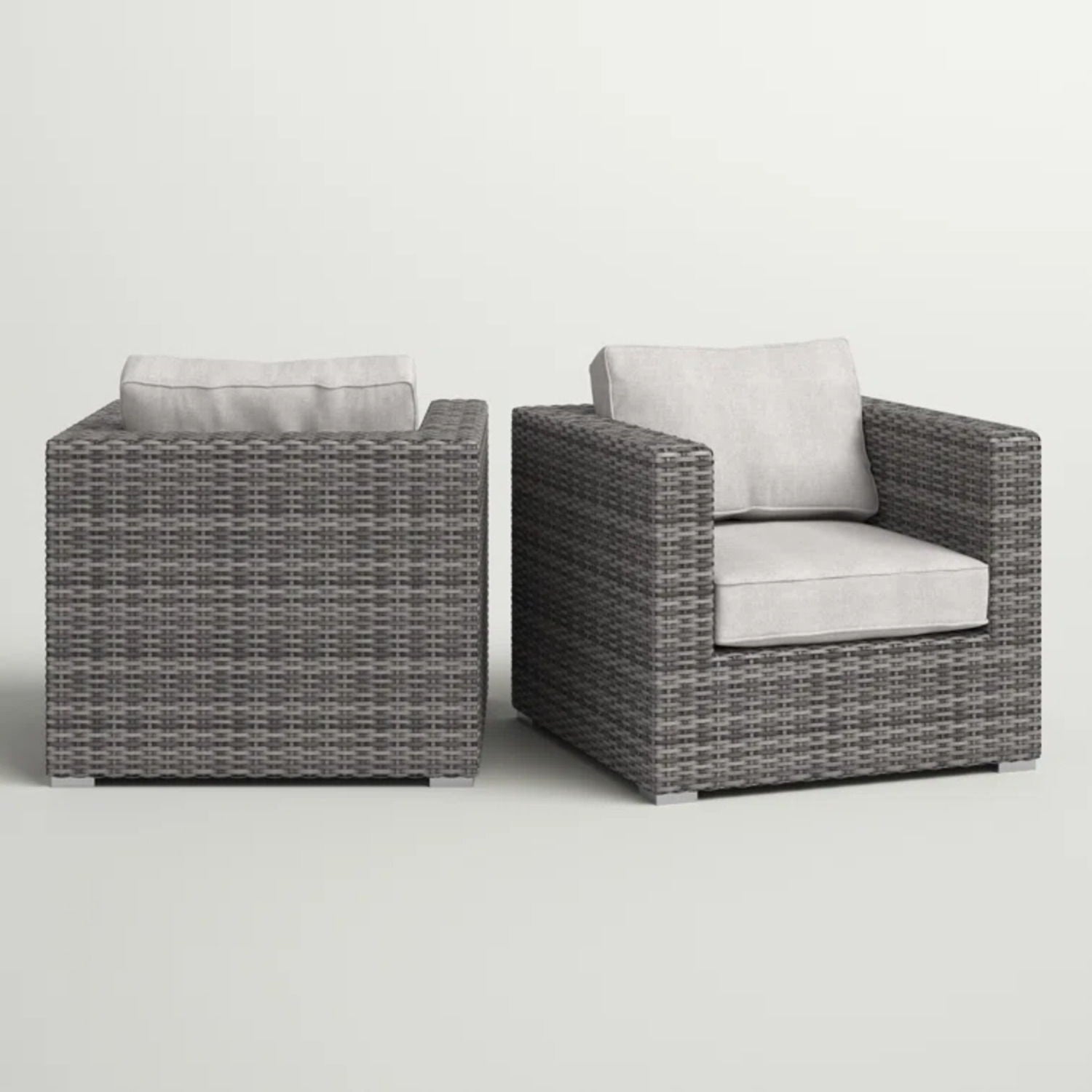 2 Patio Chairs with Cushions in dark brown wicker and light gray cushions HouseOfZazla on Tampa Home & Garden Store