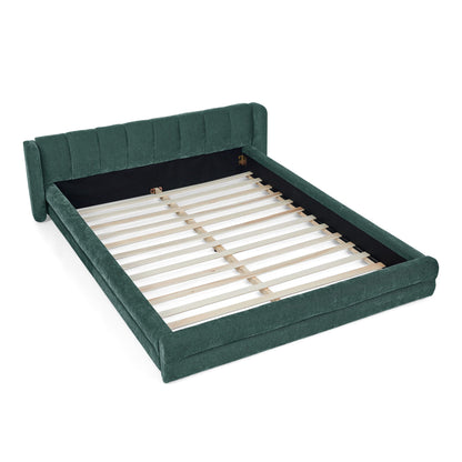 Modern upholstered bed frame with teal thick fabric and tall tufted headboard, wood slats on Tampa Home & Garden Store