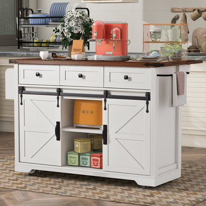 K&K 53.7in Farmhouse Kitchen Island with Power Outlet, white base, wood top by HouseOfZazla on Tampa Home & Garden Store