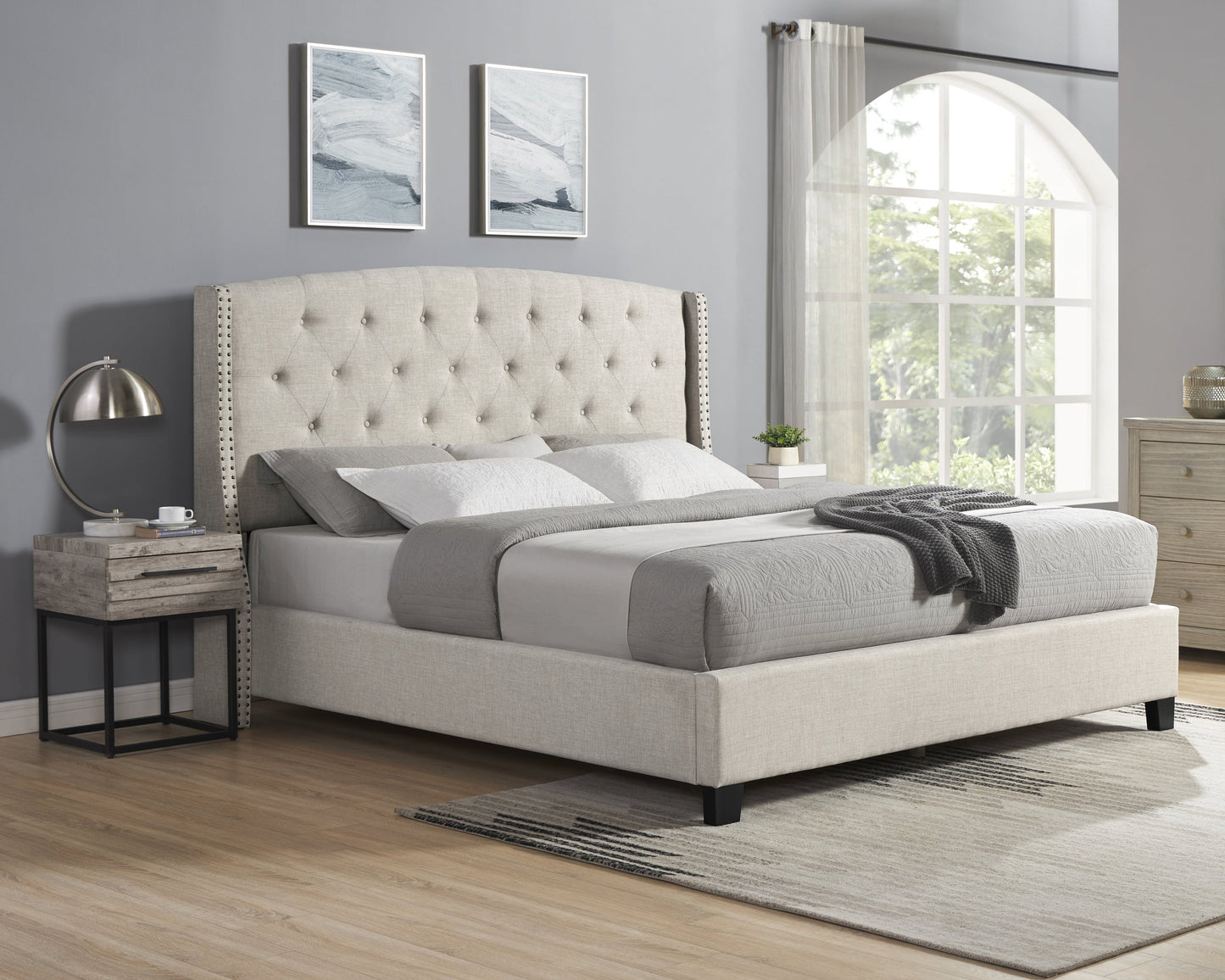 Astral tufted wingback bed with two gray nightstands in a gray bedroom set by HouseOfZazla on Tampa Home & Garden Store