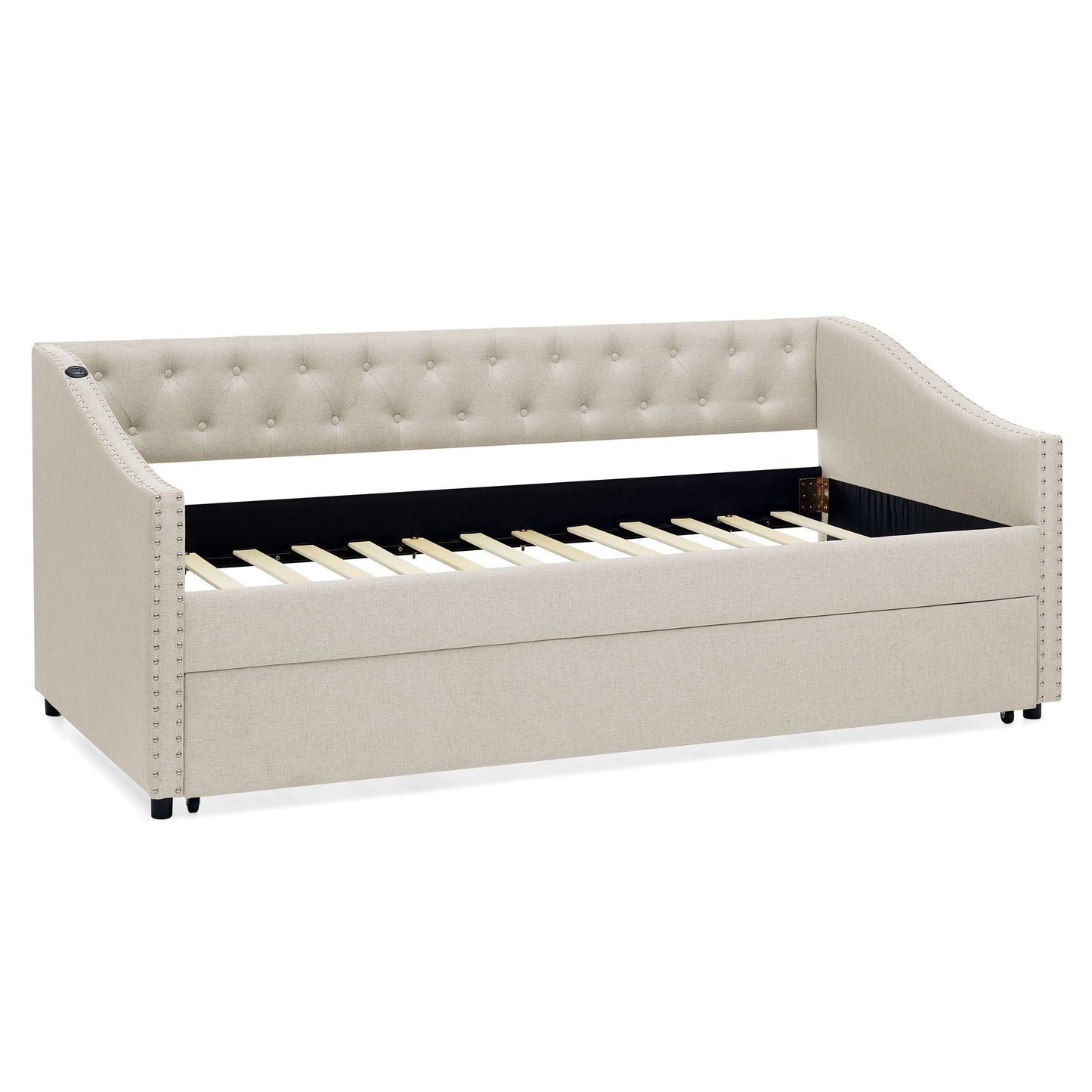 Upholstered daybed by HouseOfZazla with USB charging and pull-out trundle, beige tufted back on Tampa Home & Garden Store