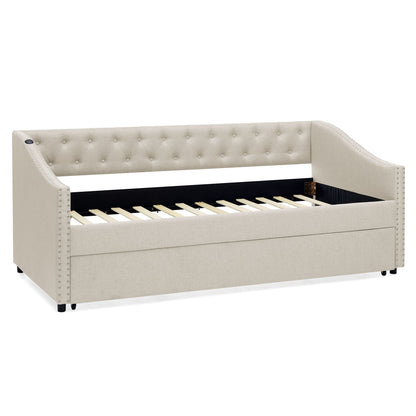 Upholstered daybed by HouseOfZazla with USB charging and pull-out trundle, beige tufted back on Tampa Home & Garden Store