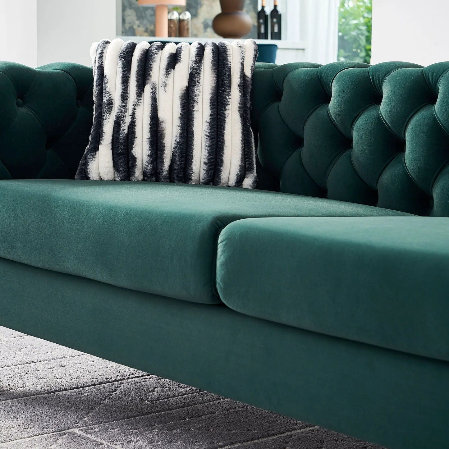 Unique Piece Furniture Chesterfield Modern Tufted Sofa green velvet with striped faux fur on Tampa Home & Garden Store