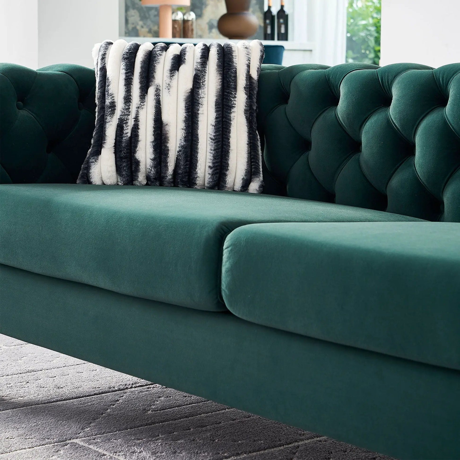 Unique Piece Furniture Chesterfield Modern Tufted Sofa green velvet with striped faux fur on Tampa Home & Garden Store