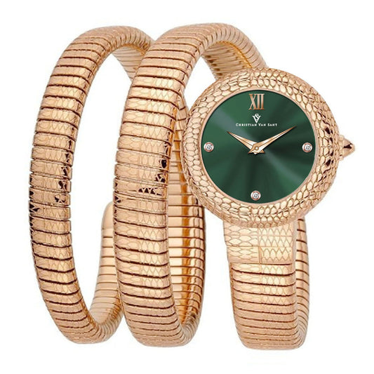 Christian Van Sant Women's Naga watch with a green dial and gold snake bracelet on Tampa Home & Garden Store