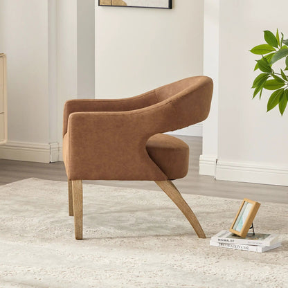 Upholstered open-back armchair with weathered rubberwood legs in brown by Unique Piece Furniture on Tampa Home & Garden Store