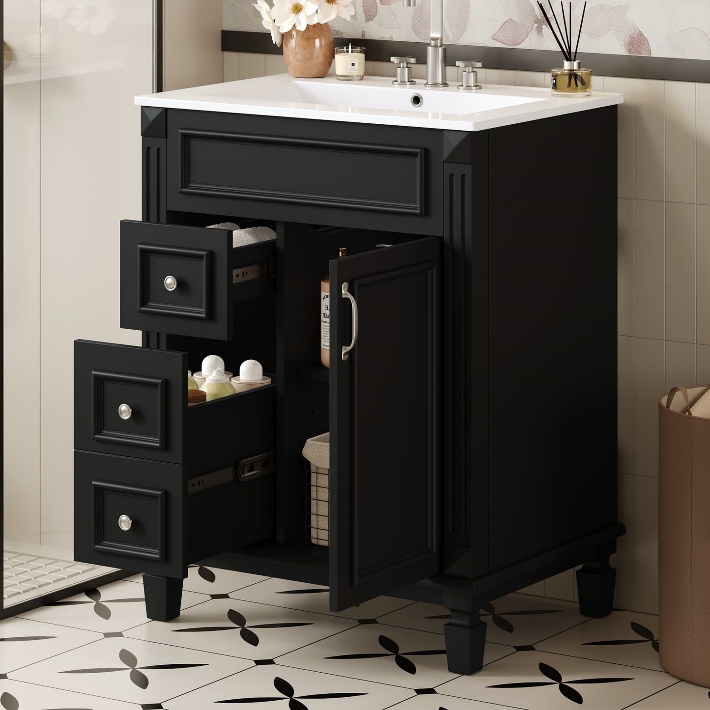 Bathroom Vanity With Sink black cabinet white top 2drawer with shelf on Tampa Home & Garden Store