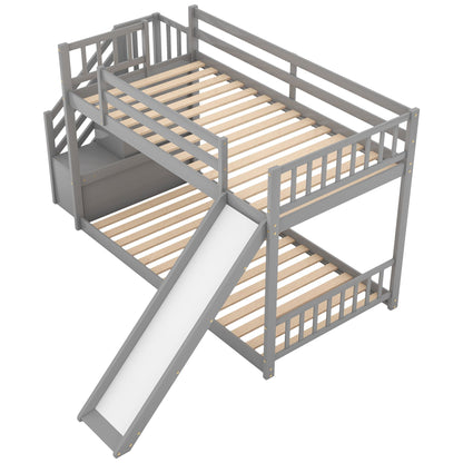 Bunk bed with convertible slide, gray frame and natural wood slat supports by HouseOfZazla on Tampa Home & Garden Store