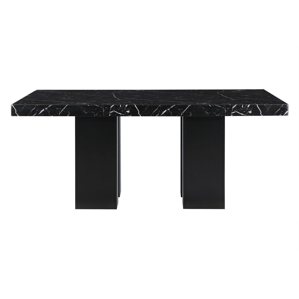 Jhoanna Dining Table with Double Pedestal Base, black marble top with white veining on Tampa Home & Garden Store