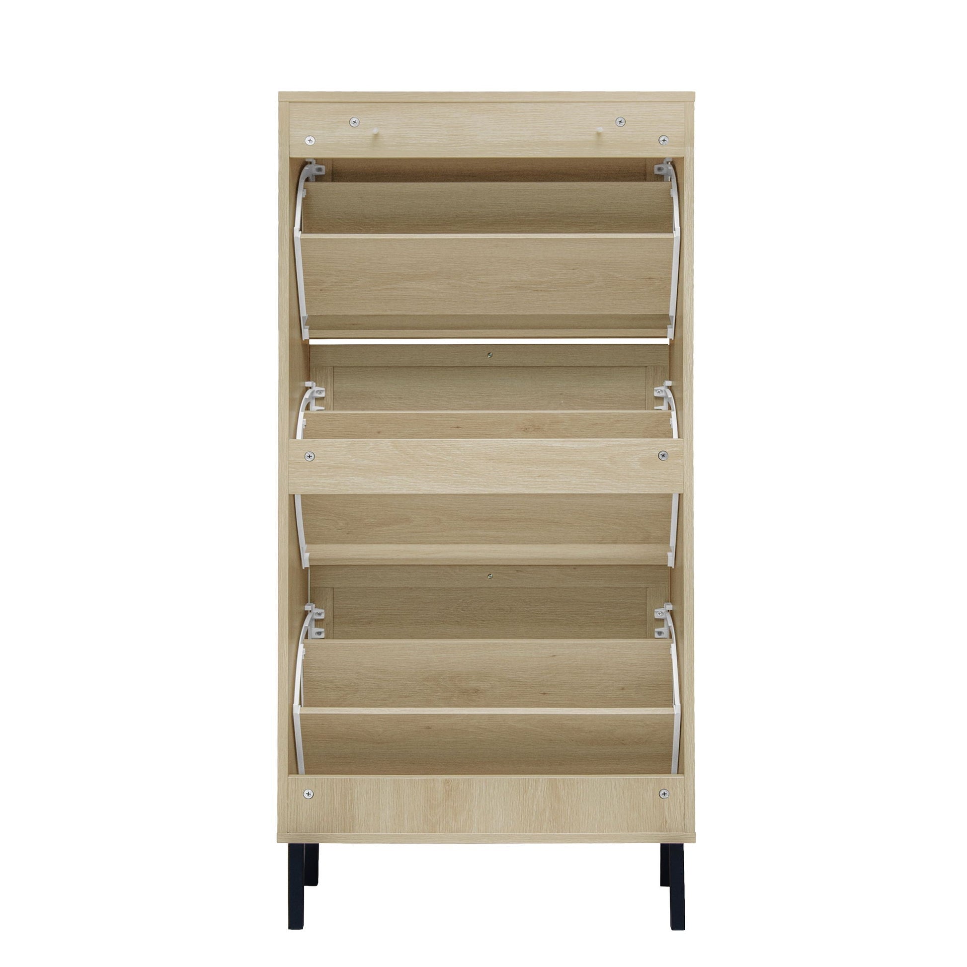 Modern Rattan 3-Door Shoe Rack Cabinet for Entryway in light oak with pull-out trays on Tampa Home & Garden Store