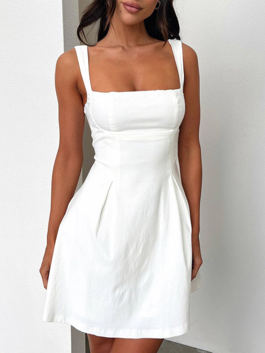 White Stevvex square-neck mini dress with wide straps and structured bodice on Tampa Home & Garden Store