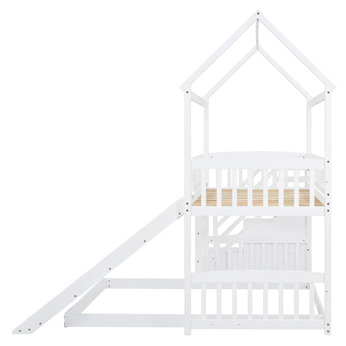 House bunk bed with slide in white finish, roof-frame top bunk and lower bunk with guard rails on Tampa Home & Garden Store
