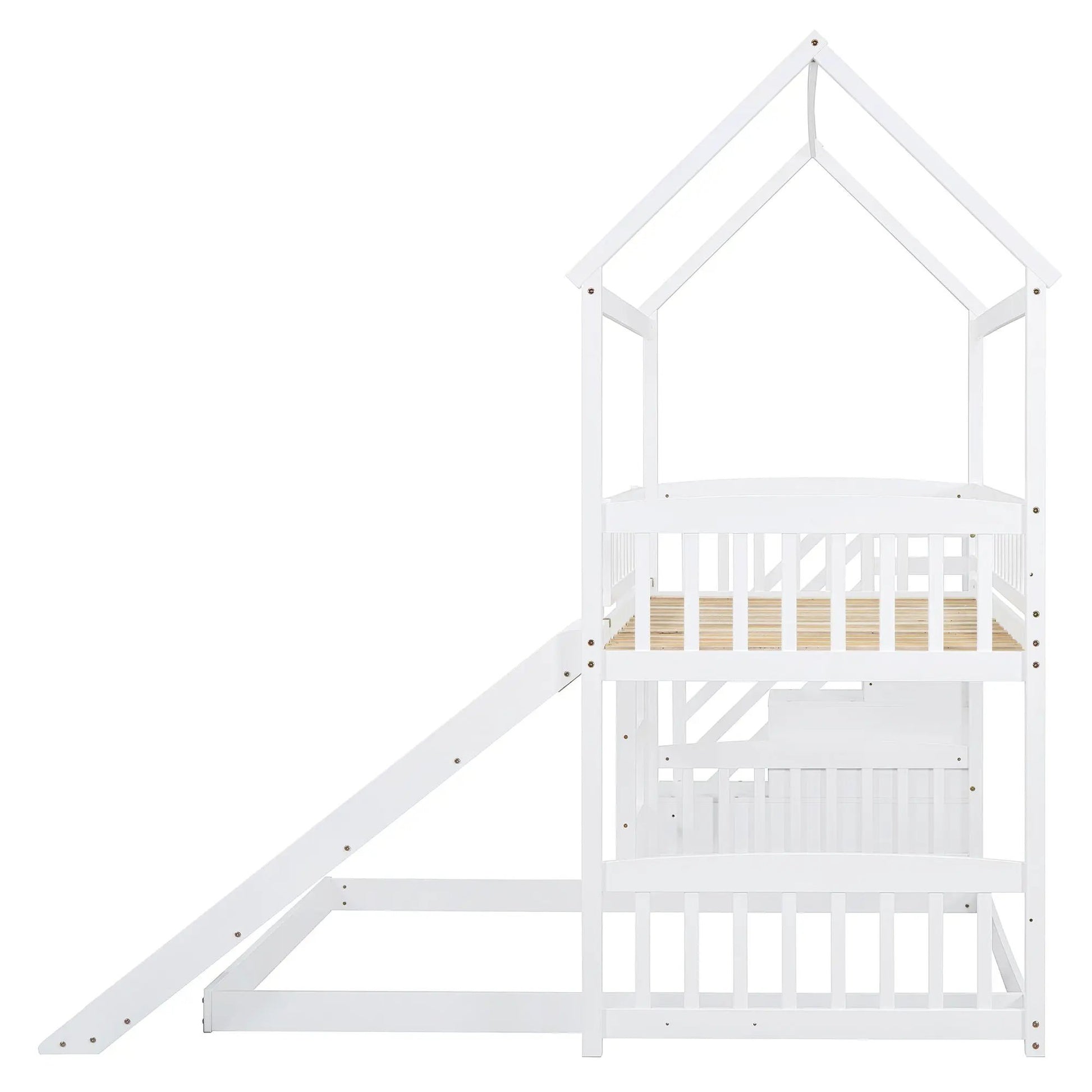 House bunk bed with slide in white finish, roof-frame top bunk and lower bunk with guard rails on Tampa Home & Garden Store