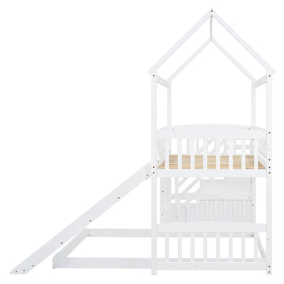 House bunk bed with slide in white finish, roof-frame top bunk and lower bunk with guard rails on Tampa Home & Garden Store
