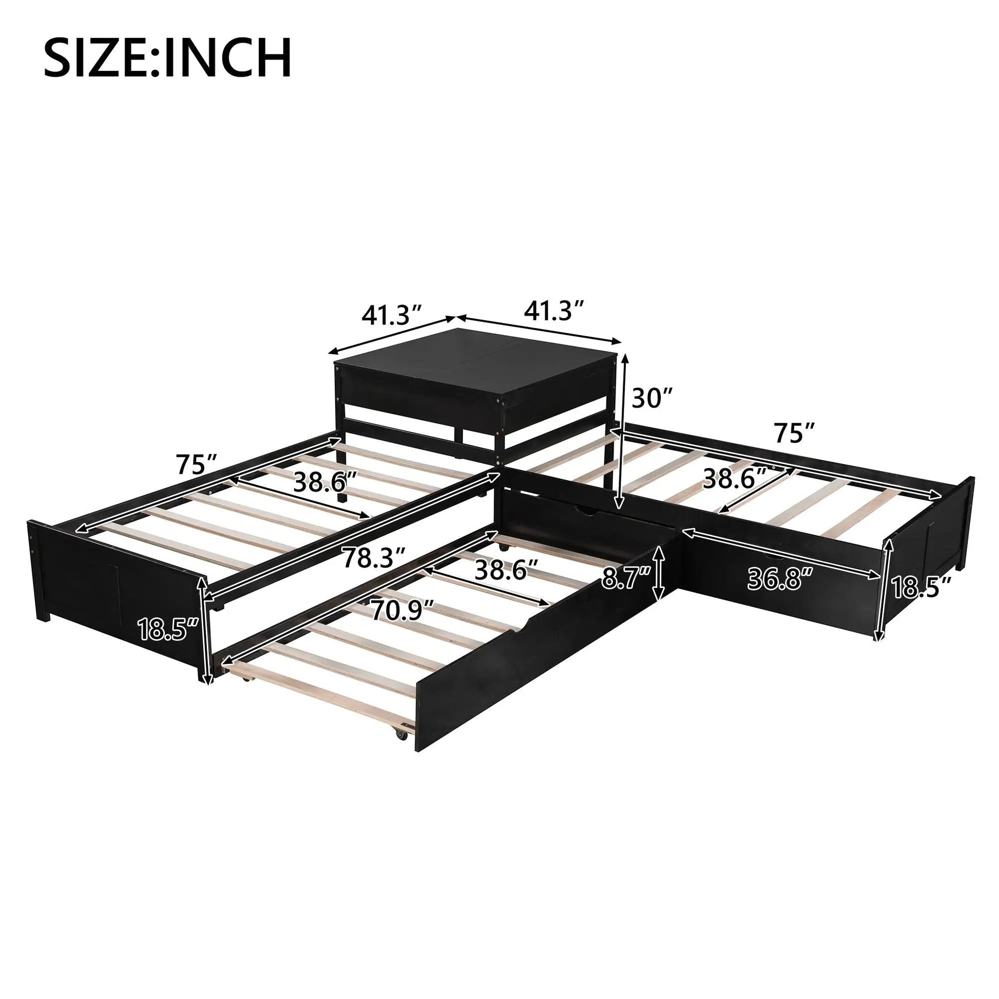 L-shaped platform bed with built-in desk and trundle, black finish, linked drawers on Tampa Home & Garden Store