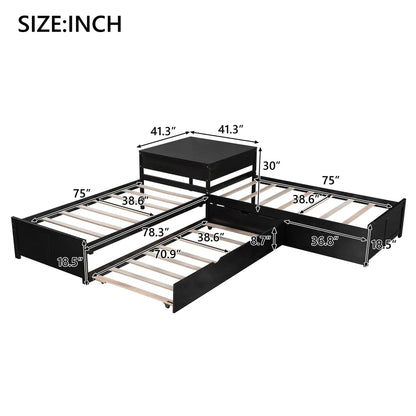 L-shaped platform bed with built-in desk and trundle, black finish, linked drawers on Tampa Home & Garden Store