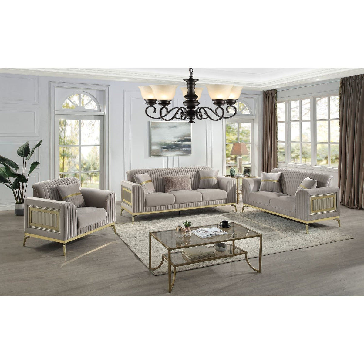 Antigua 2 Piece Living Room Set HouseOfZazla in brown with plush cushions and gold accents on Tampa Home & Garden Store