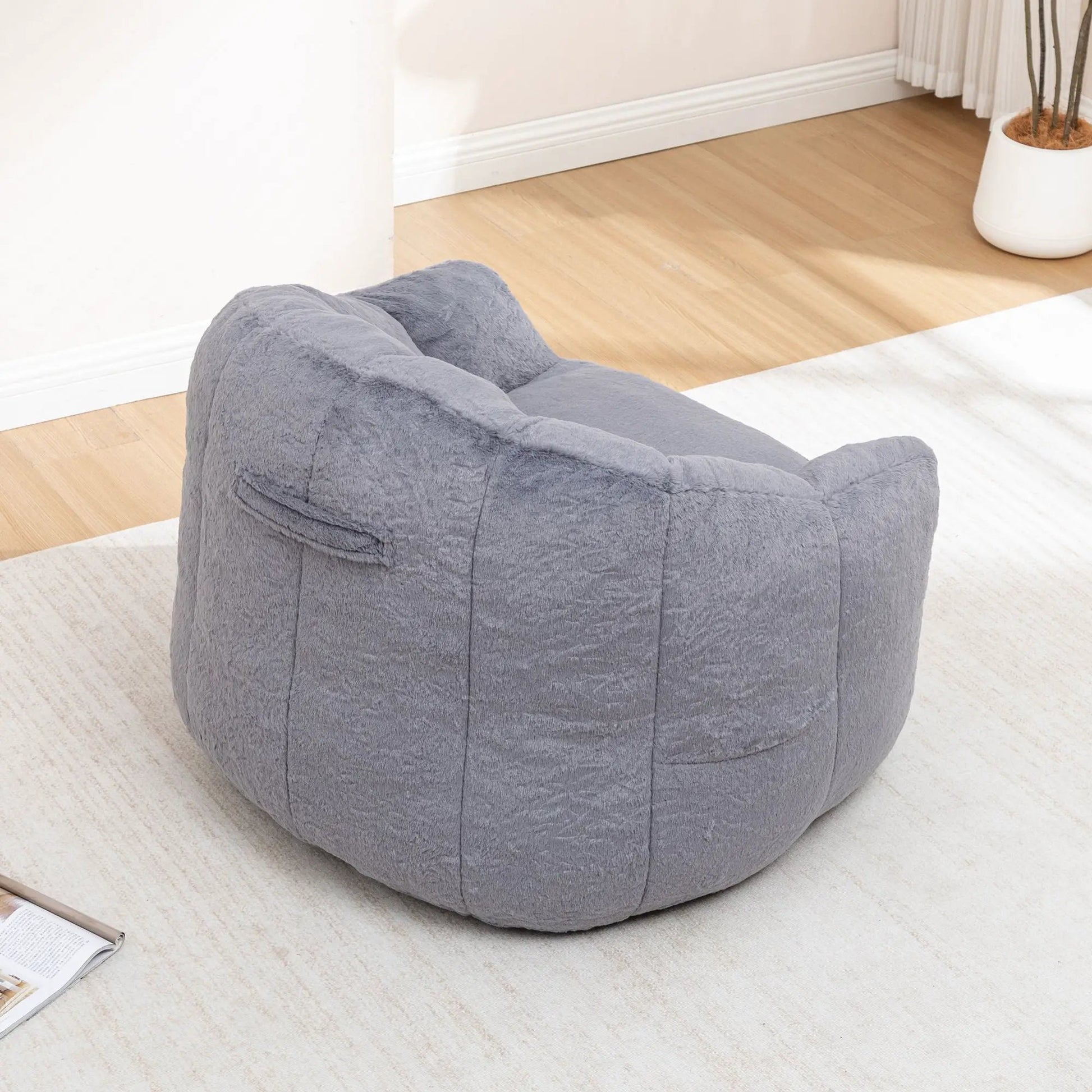 Gray plush beanbag chair with armrests, high-density foam fill, by Unique Piece Furniture on Tampa Home & Garden Store