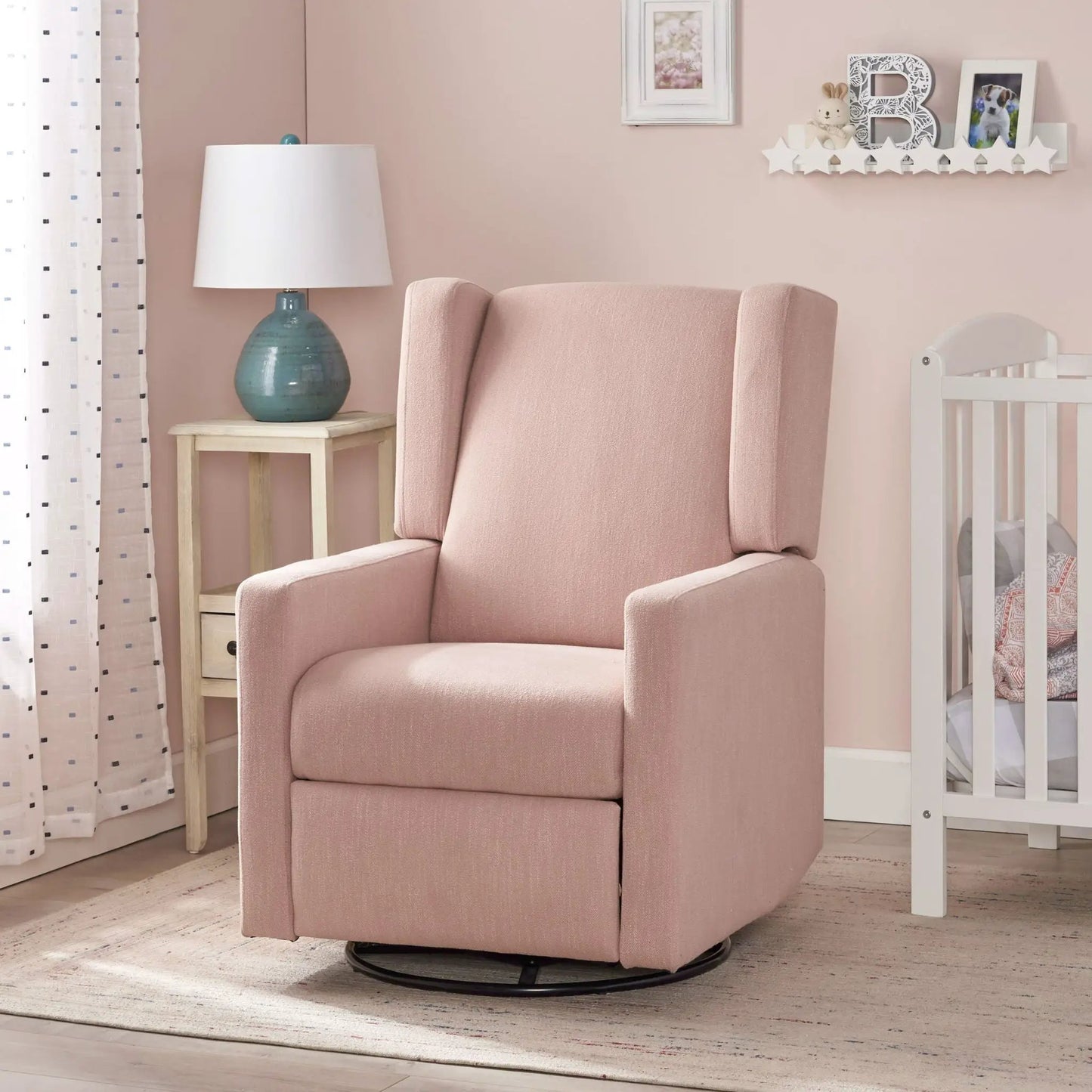 Landau Swivel Recliner in blush pink fabric; nursery chair by Unique Piece Furniture on Tampa Home & Garden Store