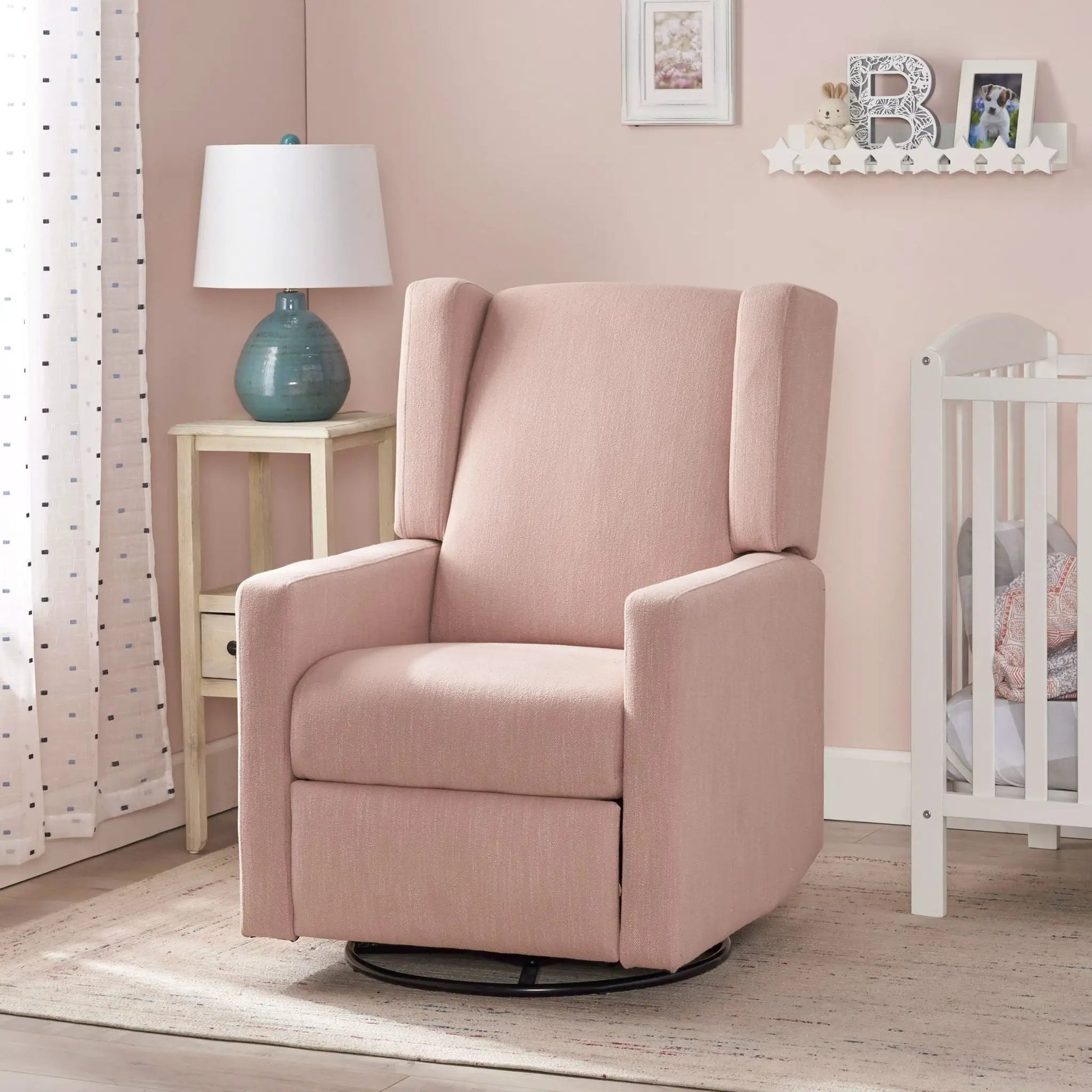 Landau Swivel Recliner in blush pink fabric; nursery chair by Unique Piece Furniture on Tampa Home & Garden Store