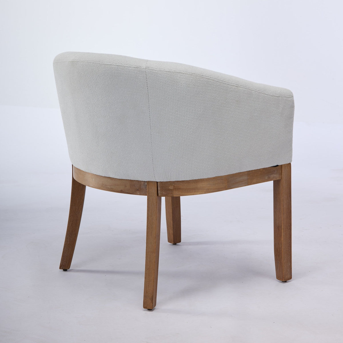 Mid Century Modern Upholstered Barrel Dining Chair with Arms in cream fabric and wooden legs on Tampa Home & Garden Store