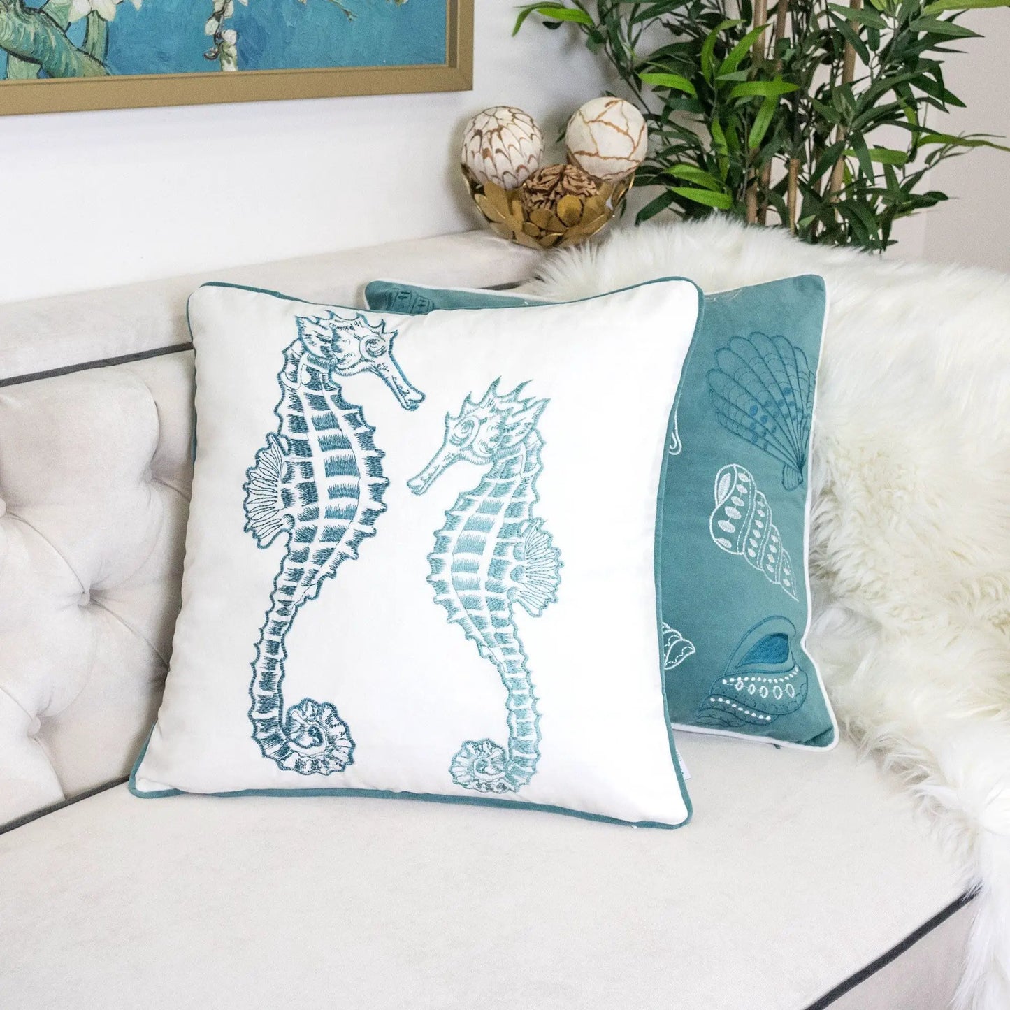 Seahorses Pillow Cover With Matching Back white front teal seahorse print; teal reverse edge on Tampa Home & Garden Store
