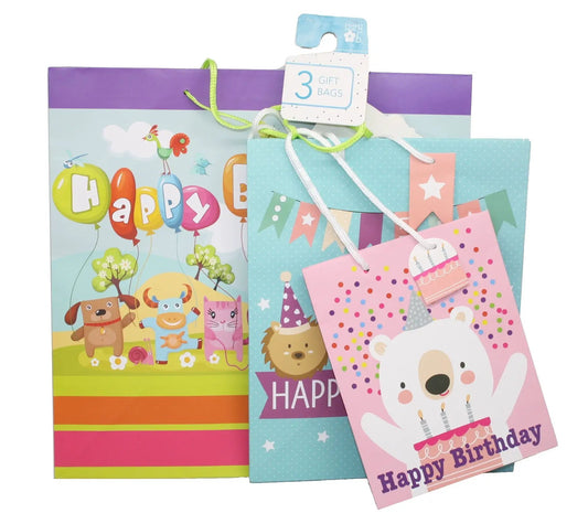Value Kids Birthday Gift Bag Set, 3 pieces; purple, teal, pink bags with balloons on Tampa Home & Garden Store