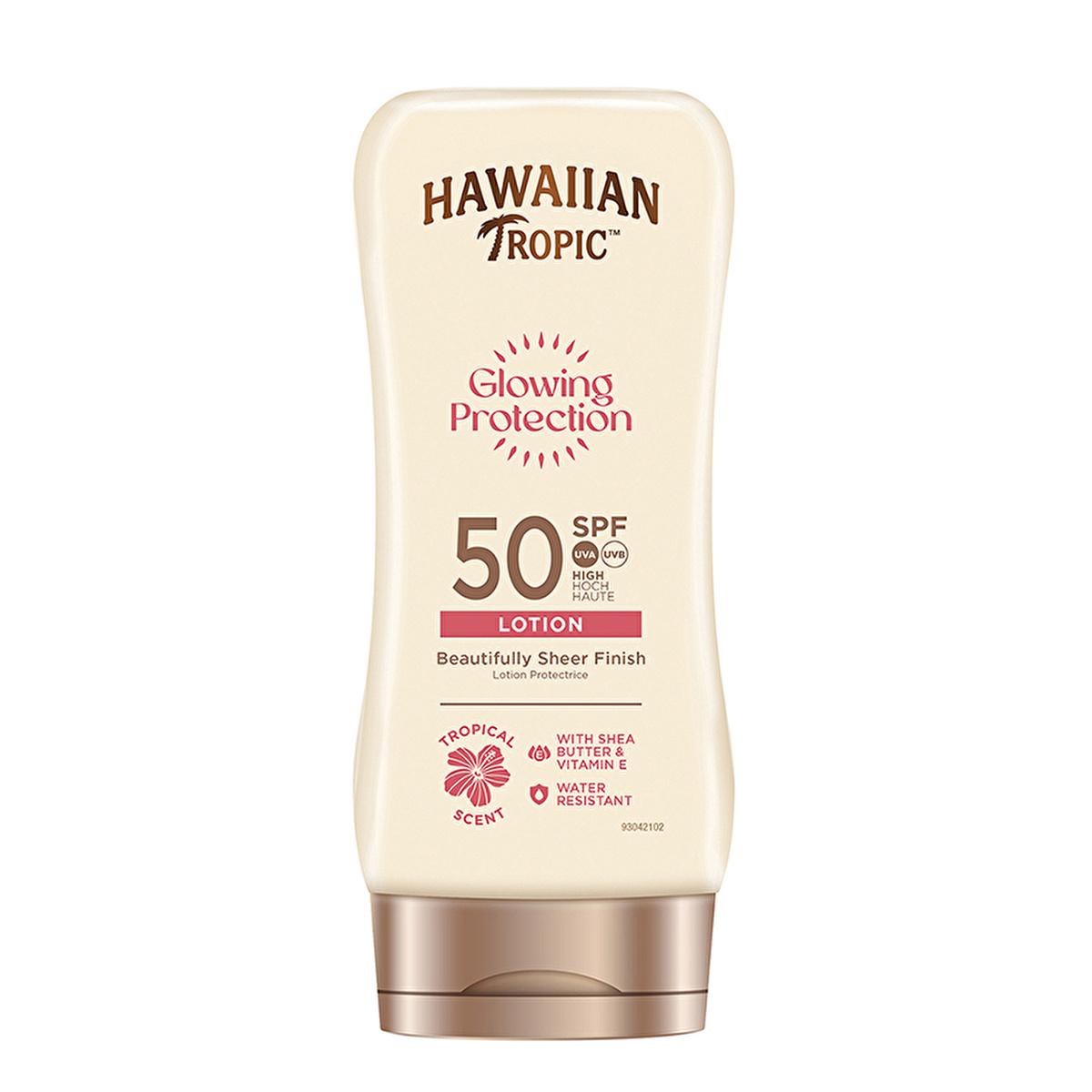 Hawaiian Tropic Glowing Protection SPF 50 Sunscreen Lotion bottle tan with rose-gold cap on Tampa Home & Garden Store