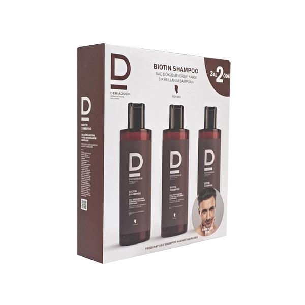 Dermoskin Biotin Shampoo triple pack for hair loss, 3x200ml, three dark red bottles in white box on Tampa Home & Garden Store