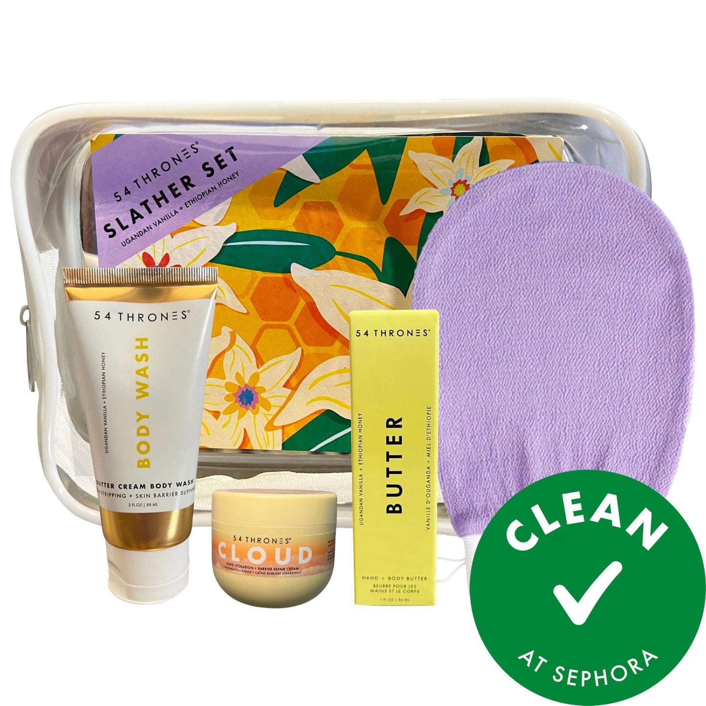 Slather Hydrating Bodycare Set by Beauty Care Bag; clear bag reveals 54 Thrones body wash and moisturizers with purple floral packaging on Tampa Home & Garden Store