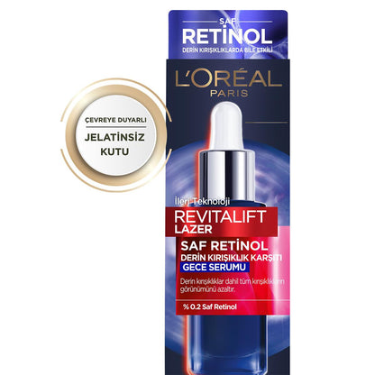 Face serum bottle by L'Oreal Paris Revitalift Retinol on blue and red packaging with dropper on Tampa Home & Garden Store