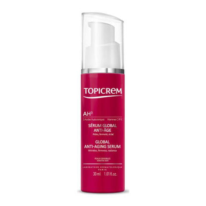 Topicrem AH3 Global face serum bottle with white pump on pink label on Tampa Home & Garden Store