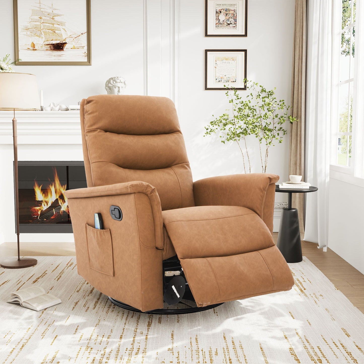Manual Recliner Chair by HouseOfZazla with 8-point massage in tan leatherette swivels on Tampa Home & Garden Store
