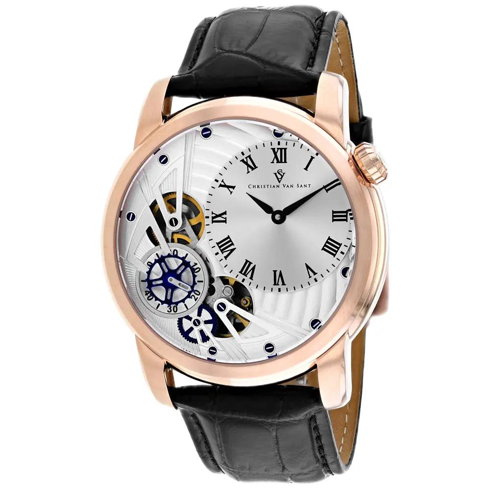 Christian Van Sant Sprocket Auto-Quartz skeleton watch with rose gold case, black leather strap on Tampa Home & Garden Store
